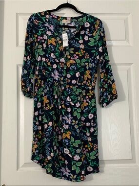 LOFT Navy Floral Drawstring Dress